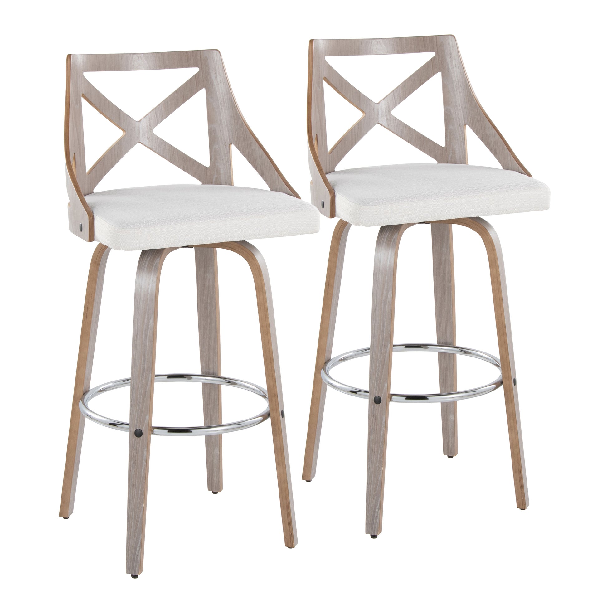 30" Fixed-Height Barstool with Swivel in Light Grey Wood and Cream Noise Fabric with Round Chrome Metal Footrest  - Set of 2