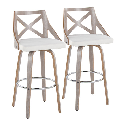 30" Fixed-Height Barstool with Swivel in Light Grey Wood and Cream Noise Fabric with Round Chrome Metal Footrest  - Set of 2