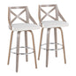 30" Fixed-Height Barstool with Swivel in Light Grey Wood and Cream Noise Fabric with Round Chrome Metal Footrest  - Set of 2