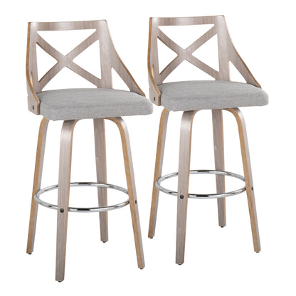 30" Fixed-Height Barstool with Swivel in Light Grey Wood and Grey Fabric with Round Chrome Metal Footrest  - Set of 2