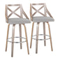 30" Fixed-Height Barstool with Swivel in Light Grey Wood and Grey Fabric with Round Chrome Metal Footrest  - Set of 2