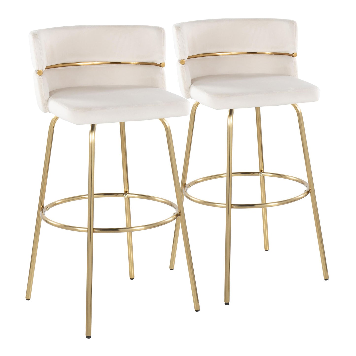 30" Fixed-Height Barstool with Swivel in Gold Metal and Cream Velvet with Round Footrest  - Set of 2