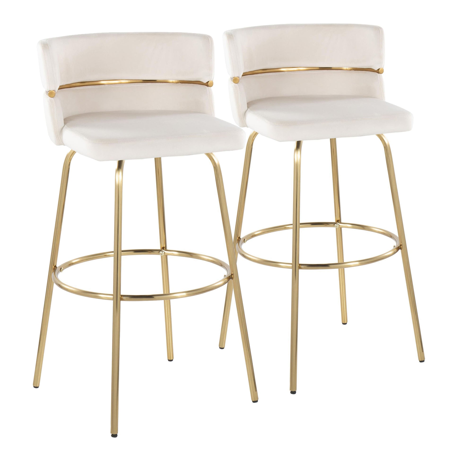 30" Fixed-Height Barstool with Swivel in Gold Metal and Cream Velvet with Round Footrest  - Set of 2