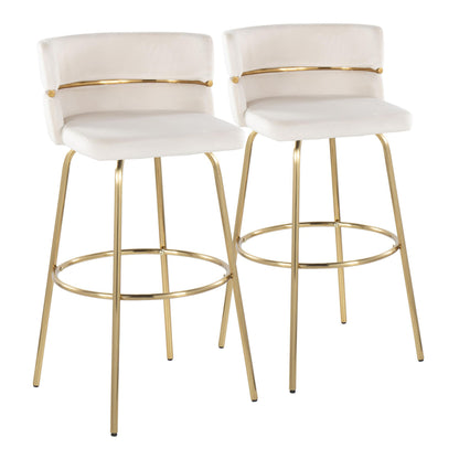 30" Fixed-Height Barstool with Swivel in Gold Metal and Cream Velvet with Round Footrest  - Set of 2