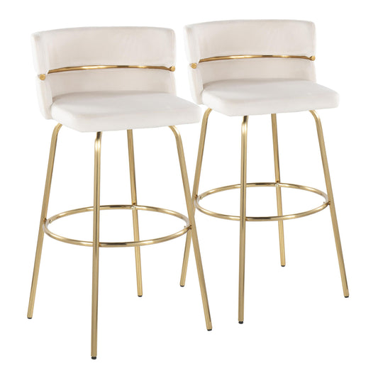 30" Fixed-Height Barstool with Swivel in Gold Metal and Cream Velvet with Round Footrest  - Set of 2