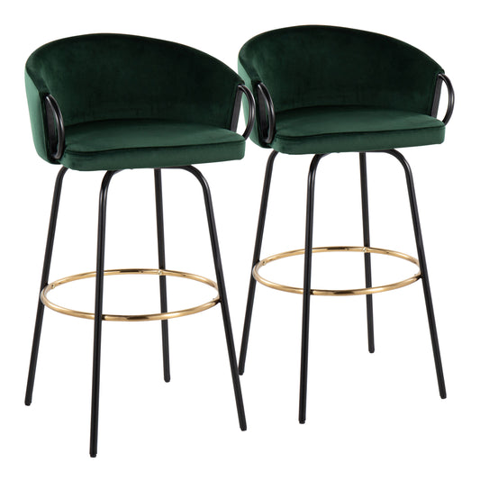 Contemporary Barstool in Black Metal and Emerald Green Velvet with Gold Metal Footrest  - Set of 2