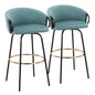 Contemporary Barstool in Black Metal and Light Blue Velvet with Gold Metal Footrest  - Set of 2
