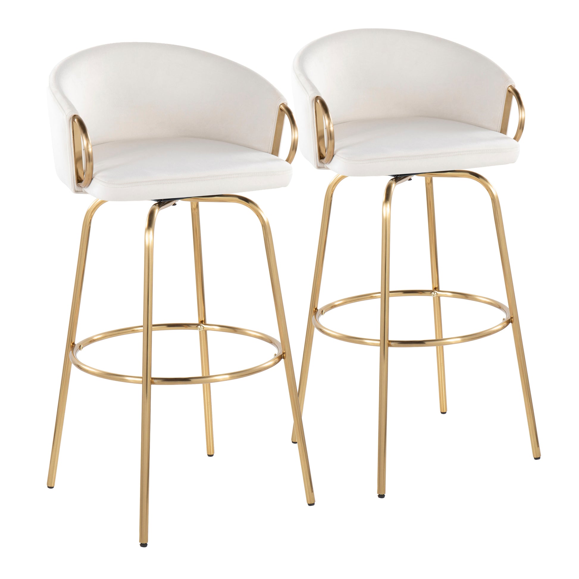 Contemporary 30" Fixed-Height Barstool with Swivel in Gold Metal and Cream Velvet with Round Gold Metal Footrest  - Set of 2