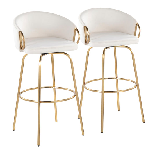 Contemporary 30" Fixed-Height Barstool with Swivel in Gold Metal and Cream Velvet with Round Gold Metal Footrest  - Set of 2