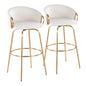 Contemporary 30" Fixed-Height Barstool with Swivel in Gold Metal and Cream Velvet with Round Gold Metal Footrest  - Set of 2