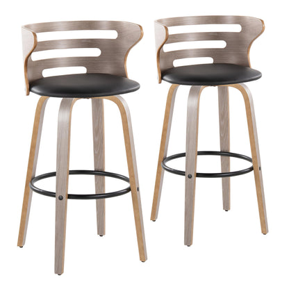 30" Mid-Century Modern Fixed-Height Barstool with Swivel in Light Grey Wood and Black Faux Leather with Round Black Metal Footrest  - Set of 2