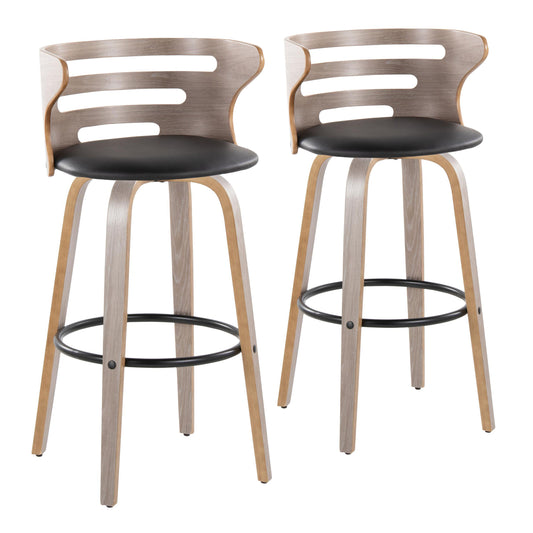30" Mid-Century Modern Fixed-Height Barstool with Swivel in Light Grey Wood and Black Faux Leather with Round Black Metal Footrest  - Set of 2
