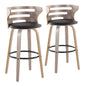 30" Mid-Century Modern Fixed-Height Barstool with Swivel in Light Grey Wood and Black Faux Leather with Round Black Metal Footrest  - Set of 2