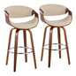 30" Mid-Century Modern Fixed Height Barstool with Swivel in Walnut Wood and Cream Fabric  - Set of 2