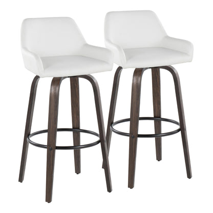 30" Contemporary Fixed-Height Barstool with Swivel in Walnut Glazed Wood and White Faux Leather with Round Black Metal Footrest  - Set of 2