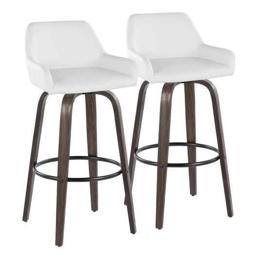 30" Contemporary Fixed-Height Barstool with Swivel in Walnut Glazed Wood and White Faux Leather with Round Black Metal Footrest  - Set of 2
