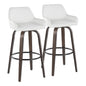 30" Contemporary Fixed-Height Barstool with Swivel in Walnut Glazed Wood and White Faux Leather with Round Black Metal Footrest  - Set of 2