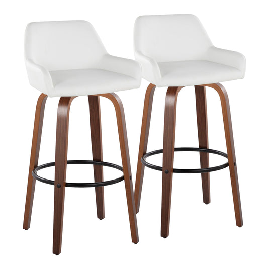 30" Contemporary Fixed-Height Barstool with Swivel in Walnut Wood and White Faux Leather with Round Black Metal Footrest  - Set of 2
