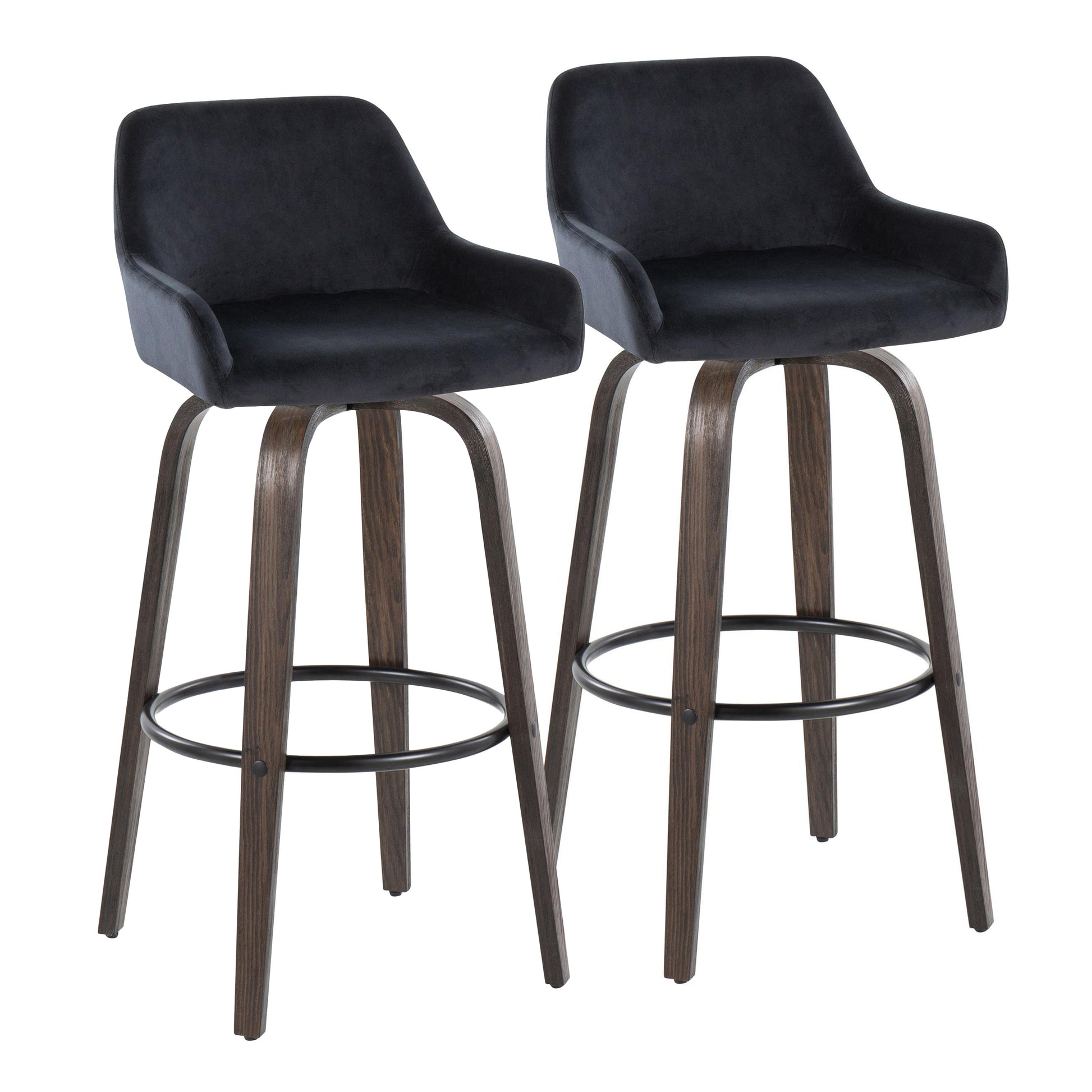 30" Contemporary Fixed-Height Barstool with Swivel in Walnut Glazed Wood and Black Velvet with Round Black Metal Footrest  - Set of 2