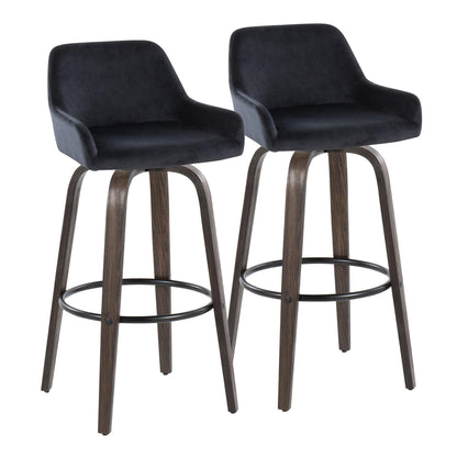 30" Contemporary Fixed-Height Barstool with Swivel in Walnut Glazed Wood and Black Velvet with Round Black Metal Footrest  - Set of 2
