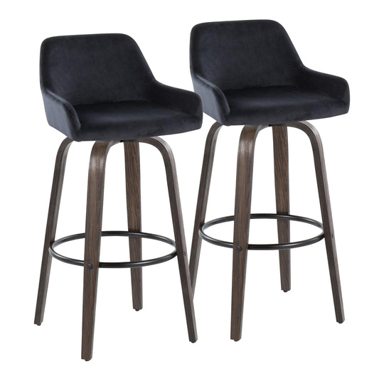 30" Contemporary Fixed-Height Barstool with Swivel in Walnut Glazed Wood and Black Velvet with Round Black Metal Footrest  - Set of 2