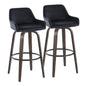 30" Contemporary Fixed-Height Barstool with Swivel in Walnut Glazed Wood and Black Velvet with Round Black Metal Footrest  - Set of 2