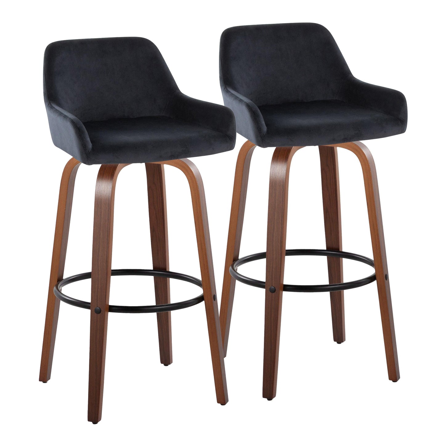 30" Contemporary Fixed-Height Barstool with Swivel in Walnut Wood and Black Velvet with Round Black Metal Footrest  - Set of 2