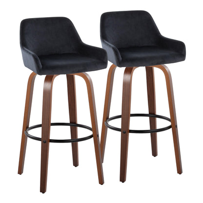 30" Contemporary Fixed-Height Barstool with Swivel in Walnut Wood and Black Velvet with Round Black Metal Footrest  - Set of 2