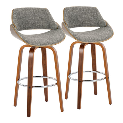 30" Mid-Century Modern Fixed-Height Barstool with Swivel in Walnut Wood and Noise Grey Fabric with Round Chrome Metal Footrest  - Set of 2