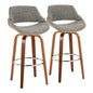 30" Mid-Century Modern Fixed-Height Barstool with Swivel in Walnut Wood and Noise Grey Fabric with Round Chrome Metal Footrest  - Set of 2