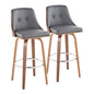 Mid-Century Modern Fixed-Height Barstool with Swivel in Walnut Wood and Grey Faux Leather with Round Chrome Metal Footrest  - Set of 2