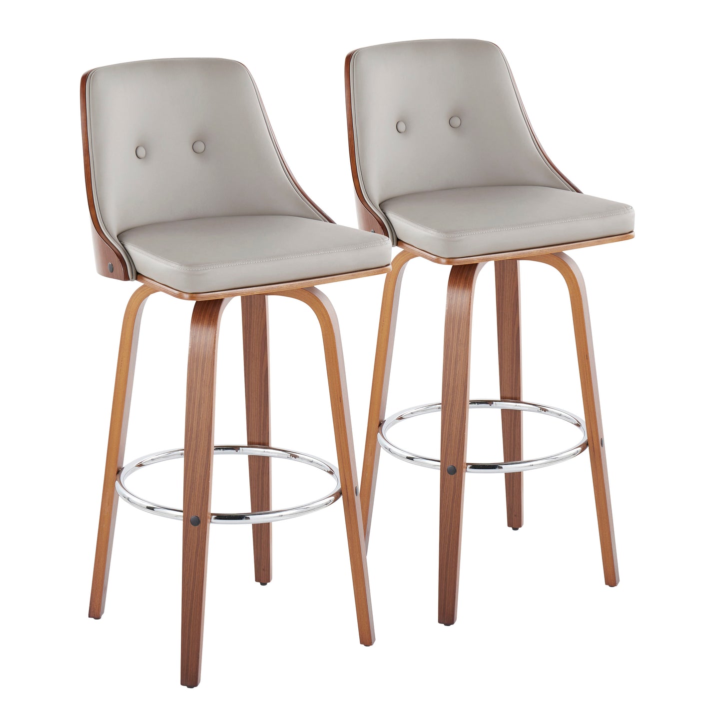 Mid-Century Modern Fixed-Height Barstool with Swivel in Walnut Wood and Light Grey Faux Leather with Round Chrome Metal Footrest  - Set of 2