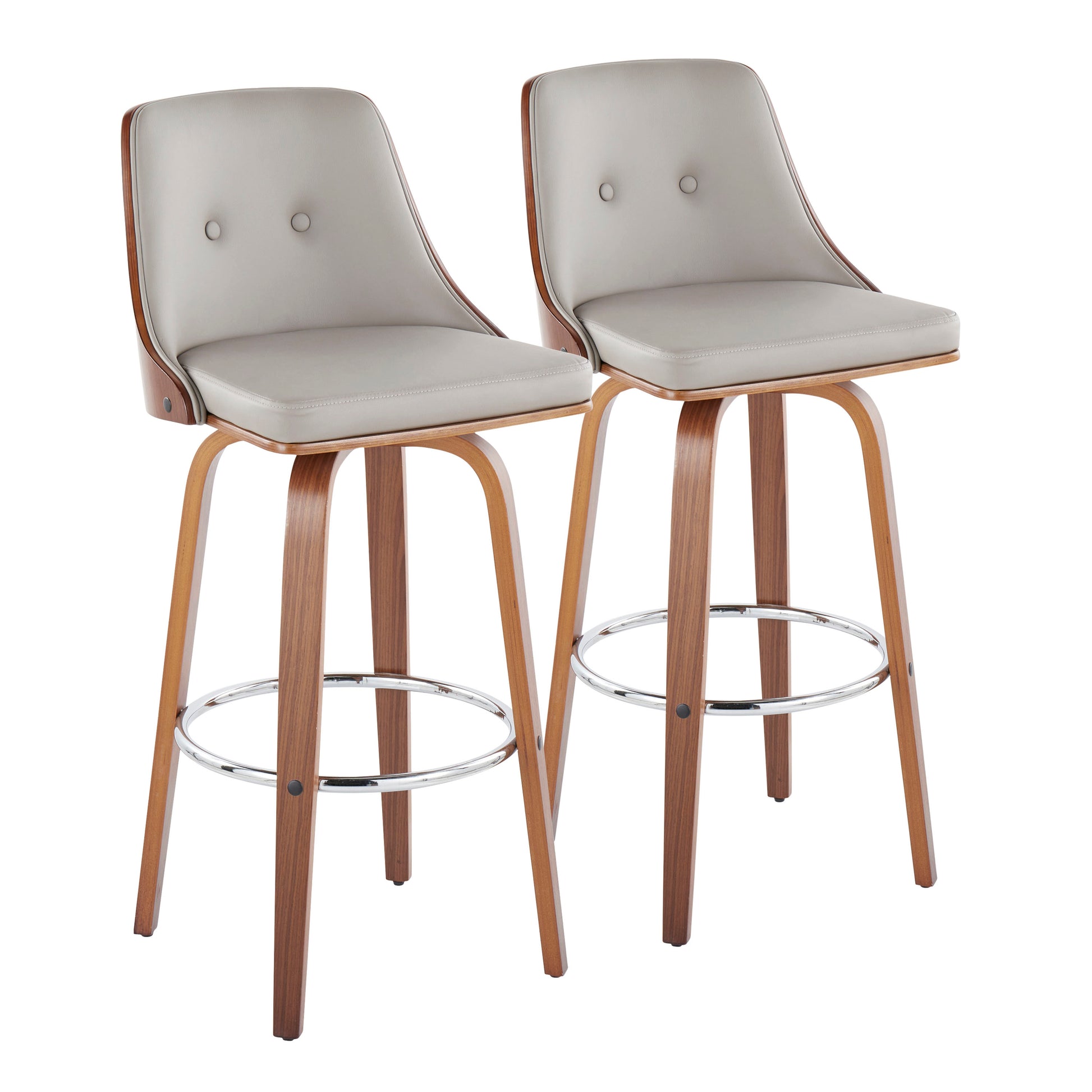 Mid-Century Modern Fixed-Height Barstool with Swivel in Walnut Wood and Light Grey Faux Leather with Round Chrome Metal Footrest  - Set of 2