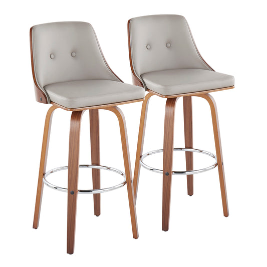 Mid-Century Modern Fixed-Height Barstool with Swivel in Walnut Wood and Light Grey Faux Leather with Round Chrome Metal Footrest  - Set of 2