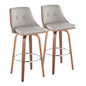 Mid-Century Modern Fixed-Height Barstool with Swivel in Walnut Wood and Light Grey Faux Leather with Round Chrome Metal Footrest  - Set of 2