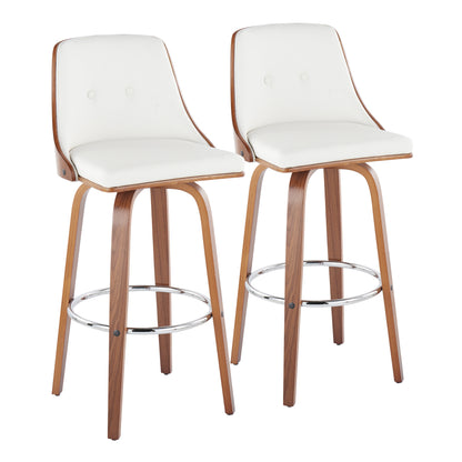Mid-Century Modern Fixed-Height Barstool with Swivel in Walnut Wood and White Faux Leather with Round Chrome Metal Footrest  - Set of 2