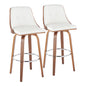 Mid-Century Modern Fixed-Height Barstool with Swivel in Walnut Wood and White Faux Leather with Round Chrome Metal Footrest  - Set of 2