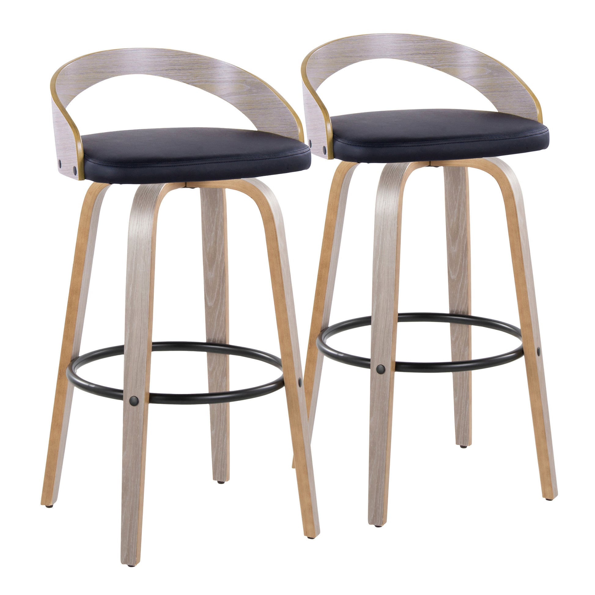 30" Contemporary Fixed-Height Barstool with Swivel in Light Grey Wood and Black Faux Leather with Round Black Metal Footrest  - Set of 2