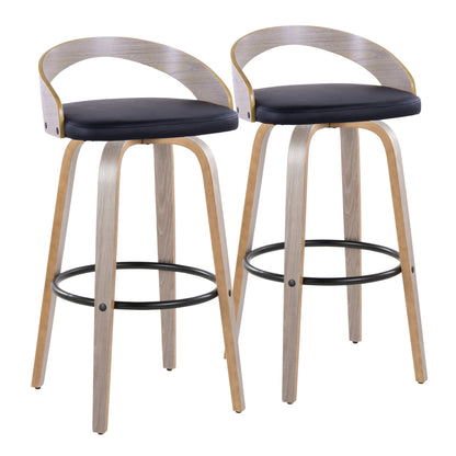 30" Contemporary Fixed-Height Barstool with Swivel in Light Grey Wood and Black Faux Leather with Round Black Metal Footrest  - Set of 2