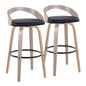 30" Contemporary Fixed-Height Barstool with Swivel in Light Grey Wood and Black Faux Leather with Round Black Metal Footrest  - Set of 2