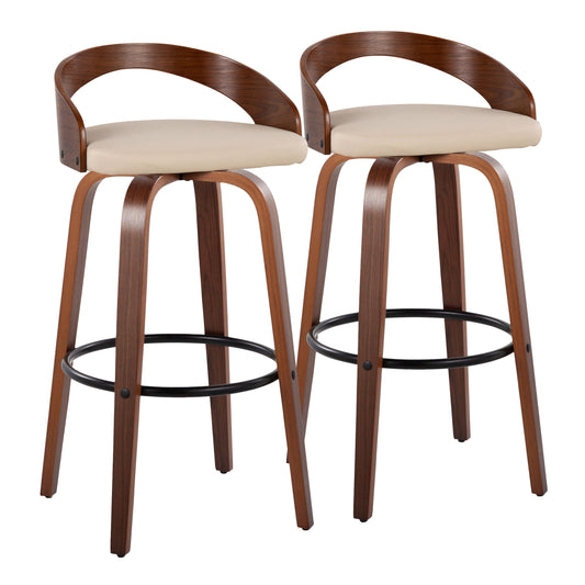 30" Mid-Century Modern Fixed-Height Barstool with Swivel in Walnut Wood and Cream Faux Leather with Round Black Metal Footrest  - Set of 2