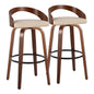30" Mid-Century Modern Fixed-Height Barstool with Swivel in Walnut Wood and Cream Faux Leather with Round Black Metal Footrest  - Set of 2