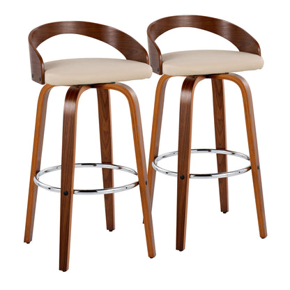 30" Mid-Century Modern Fixed-Height Barstool with Swivel in Walnut Wood and Cream Faux Leather with Round Chrome Metal Footrest  - Set of 2