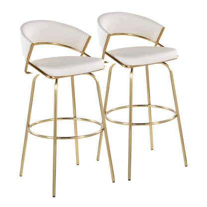 Jie 30" Fixed-Height Contemporary Barstool with Swivel in Gold Metal and White Faux Leather with Round Metal Footrest by  - Set of 2