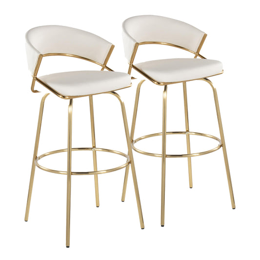 Jie 30" Fixed-Height Contemporary Barstool with Swivel in Gold Metal and White Faux Leather with Round Metal Footrest by  - Set of 2