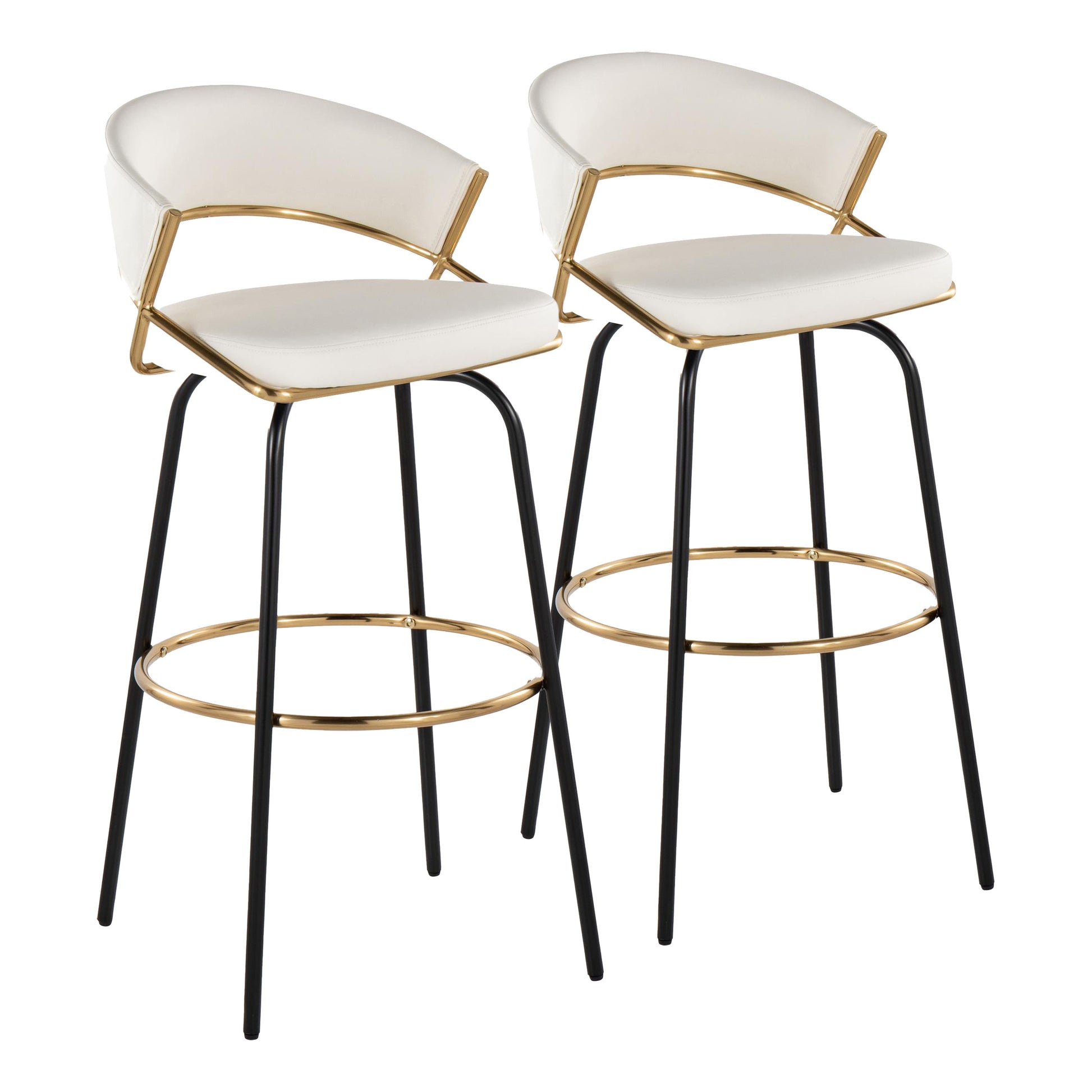 Jie 30" Fixed-Height Contemporary Barstool with Swivel in Gold Metal and White Faux Leather with Black Metal Legs and Round Gold Metal Footrest by  - Set of 2