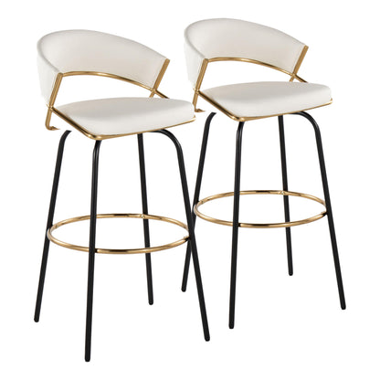 Jie 30" Fixed-Height Contemporary Barstool with Swivel in Gold Metal and White Faux Leather with Black Metal Legs and Round Gold Metal Footrest by  - Set of 2
