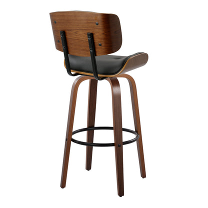 Mid-Century Modern Barstool Set - Black Faux Leather, 2 Stools