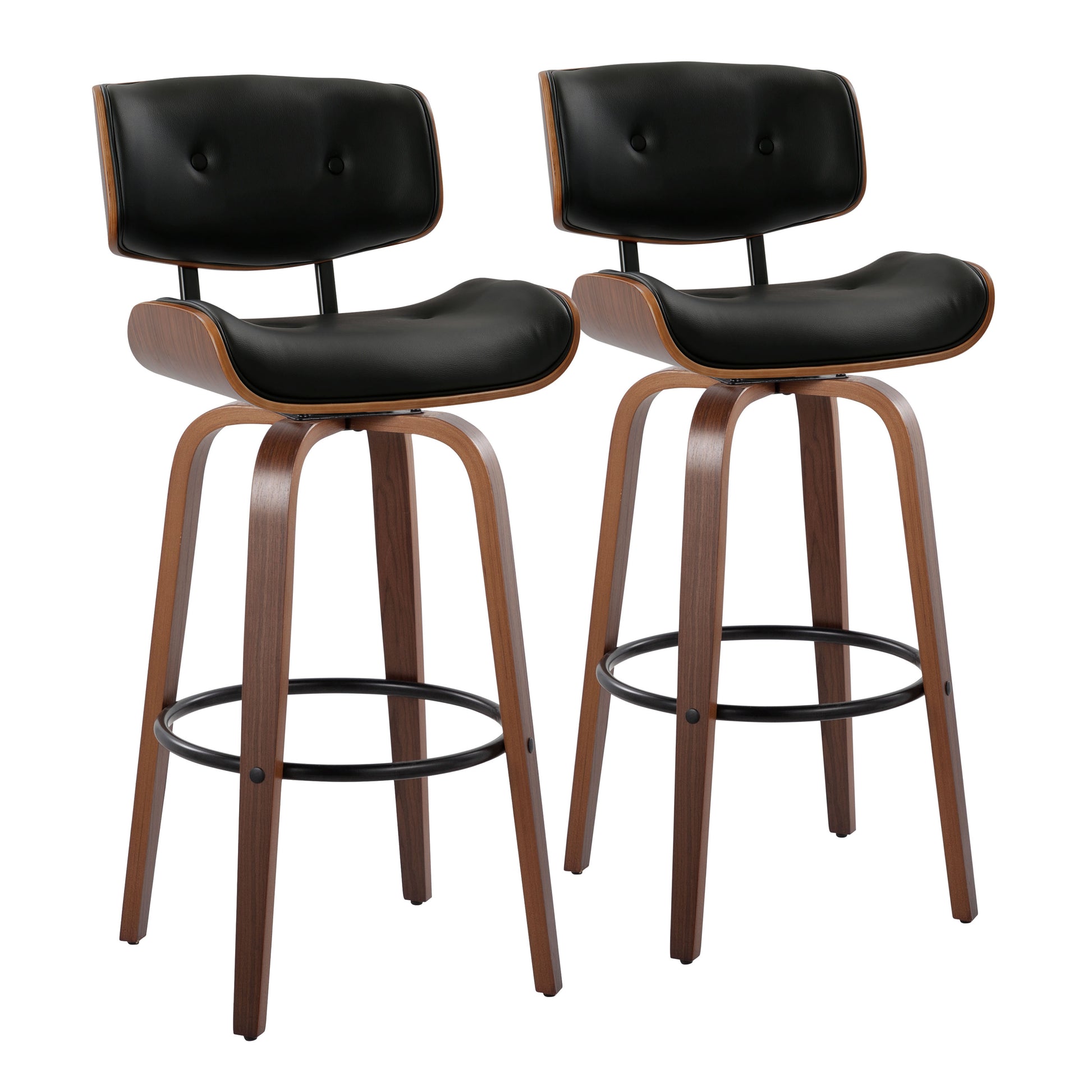 30" Mid-Century Modern Fixed-Height Barstool with Swivel in Walnut Wood and Black Faux Leather with Round Black Metal Footrest  - Set of 2