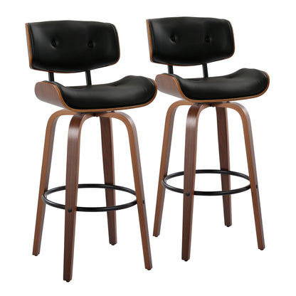 30" Mid-Century Modern Fixed-Height Barstool with Swivel in Walnut Wood and Black Faux Leather with Round Black Metal Footrest  - Set of 2